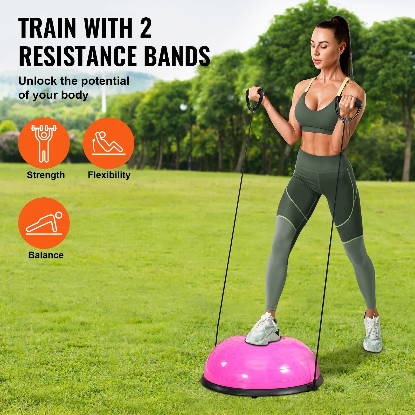 Half Balance Ball Trainer, 23-Inch Stability Ball with a 660Lbs Weight Limit, Includes Resistance Bands & Foot Pump for a Comprehensive Home Gym Experience, Ideal for Full Body Fitness, Pink